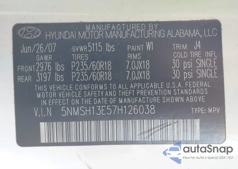 2007 Hyundai Santa Fe Limited/Se z USA, uszkodzony, nr VIN 5NMSH13E57H126038